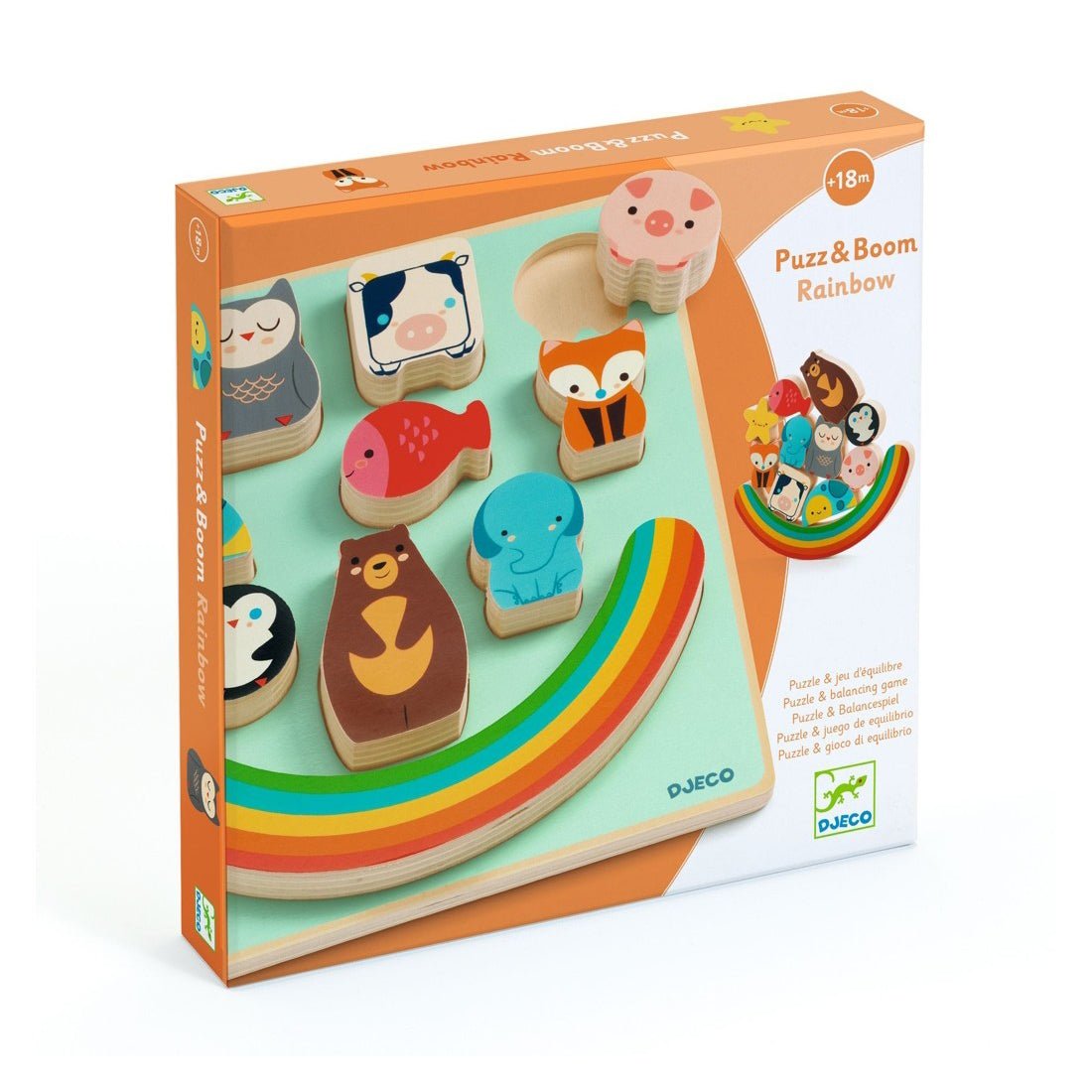 PUZZLE ENCAJABLE Y JUEGO EQUILIBRIO DJECO ·PUZZ & BOOM RAINBOW· - Happy Moments Baby