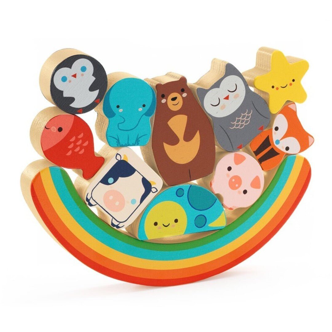 PUZZLE ENCAJABLE Y JUEGO EQUILIBRIO DJECO ·PUZZ & BOOM RAINBOW· - Happy Moments Baby