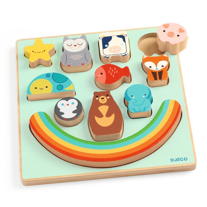 PUZZLE ENCAJABLE Y JUEGO EQUILIBRIO DJECO ·PUZZ & BOOM RAINBOW· - Happy Moments Baby