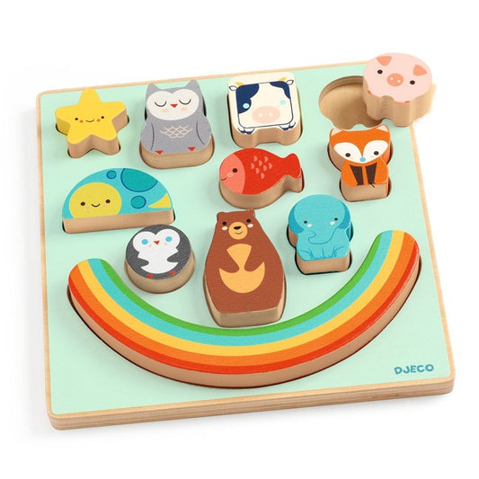 PUZZLE ENCAJABLE Y JUEGO EQUILIBRIO DJECO ·PUZZ & BOOM RAINBOW· - Happy Moments Baby