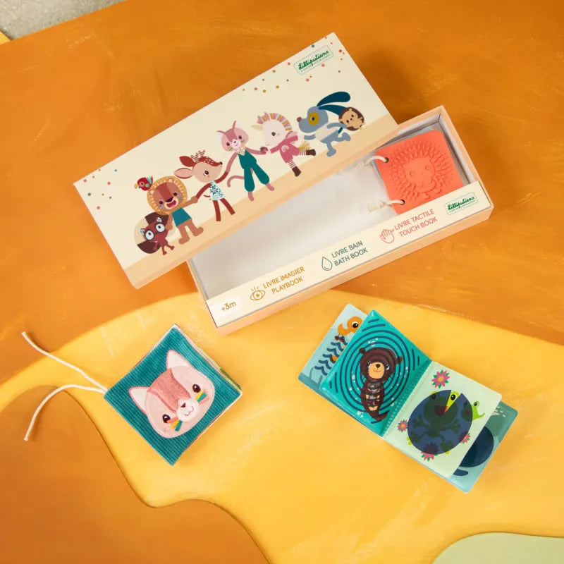 Set Jardín con caja ilustrada y libros sobre fondo amarillo — Lilliputiens