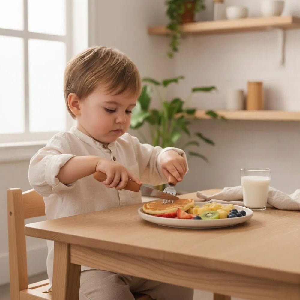 SET DE CUBIERTOS DE ACERO KIDDIKUTTER ·PEACH FUZZ· - Happy Moments Baby