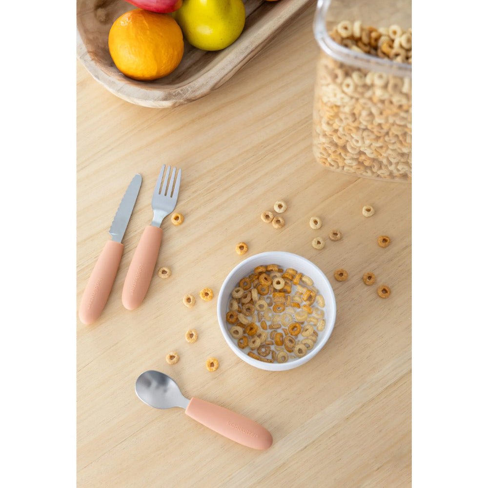 SET DE CUBIERTOS DE ACERO KIDDIKUTTER ·PEACH FUZZ· - Happy Moments Baby