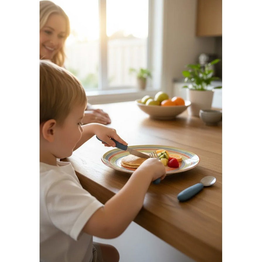 SET DE CUBIERTOS DE ACERO KIDDIKUTTER ·SKY BLUE· - Happy Moments Baby
