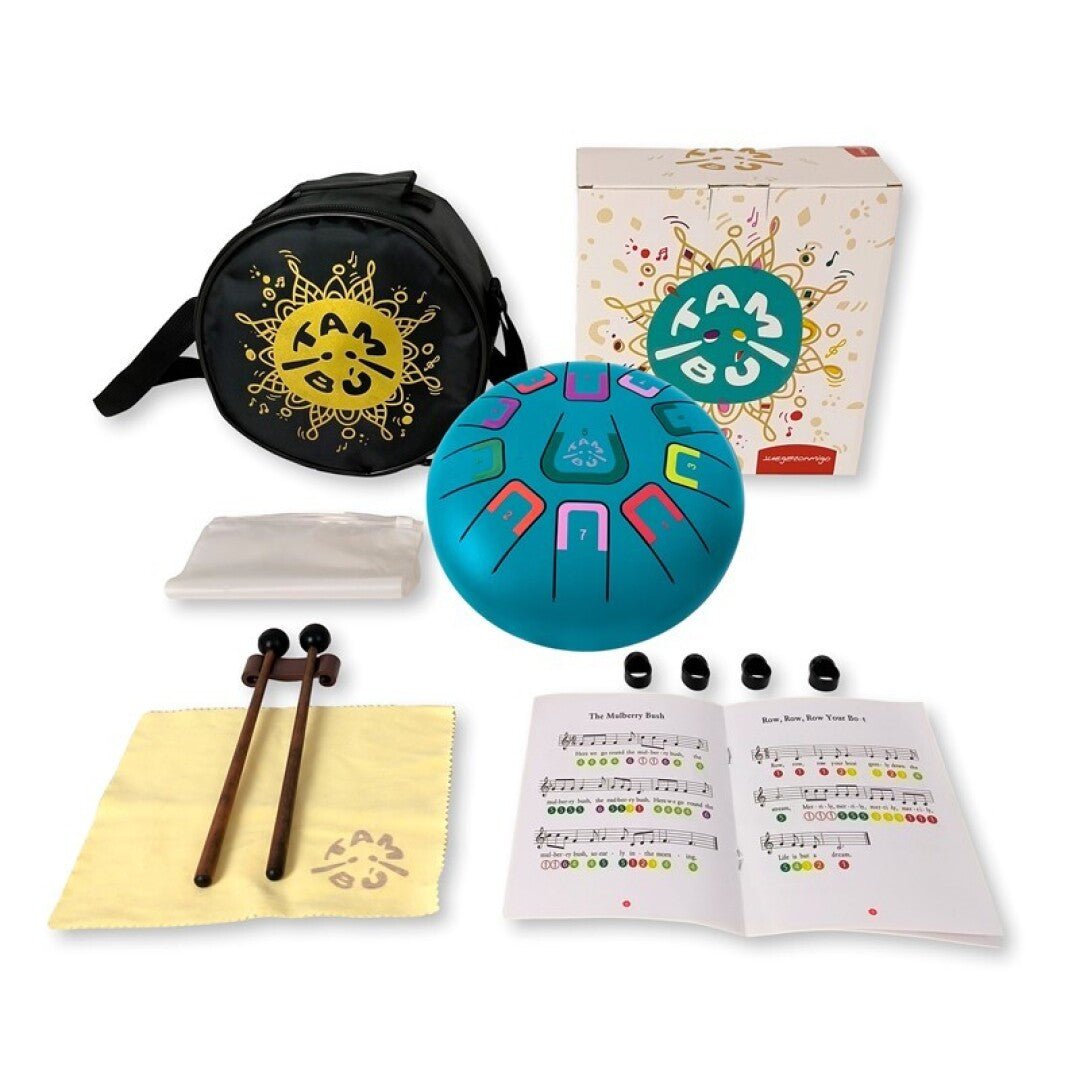 TAMBOR TAMBÚ CON 11 LENGÜETAS METÁLICAS ·TURQUESA MATE· - Happy Moments Baby