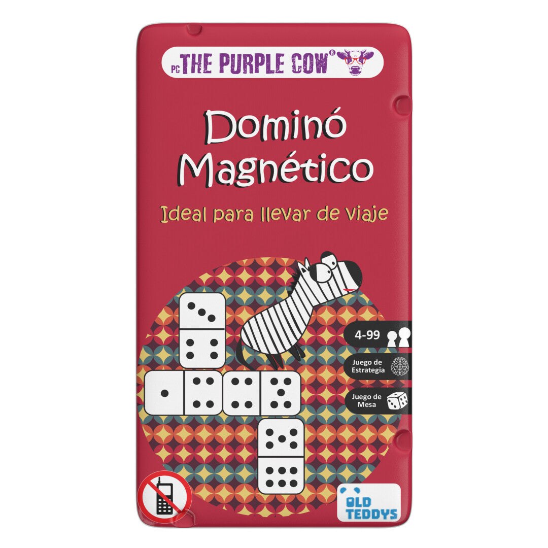 Caja roja del Dominó Magnético The Purple Cow en castellano sobre fondo blanco