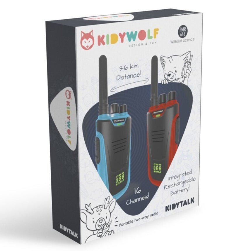 WALKIE TALKIES RECARGABLES DE KIDYWOLF ·KIDYTALK AZUL - ROJO· - Happy Moments Baby