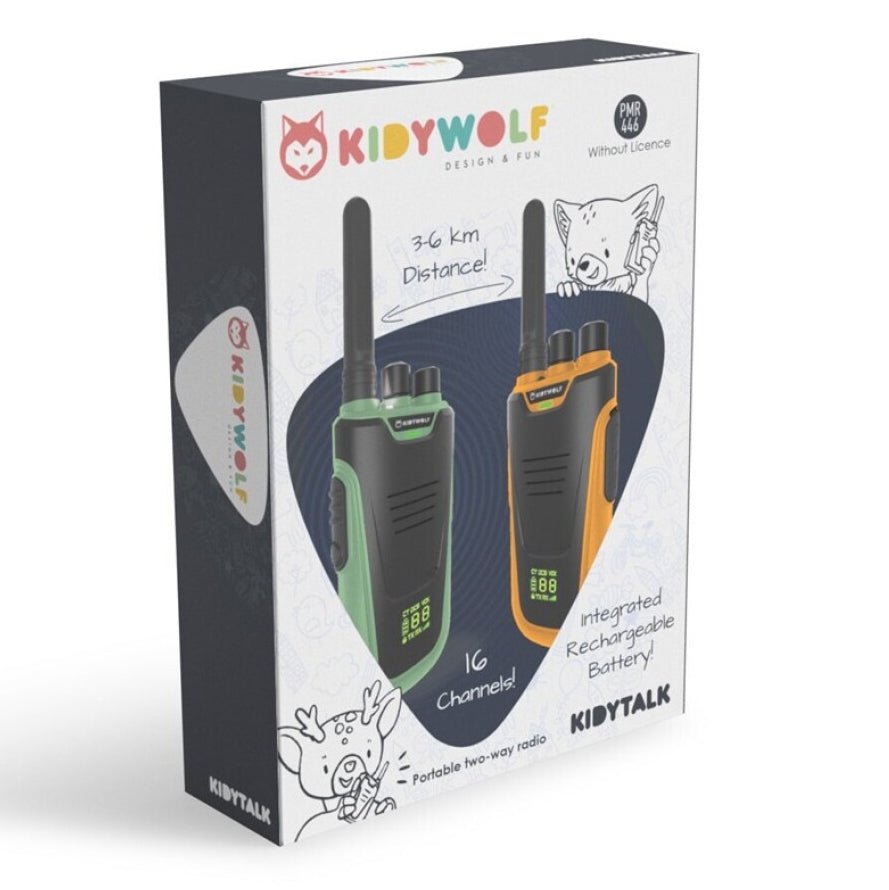 WALKIE TALKIES RECARGABLES DE KIDYWOLF ·KIDYTALK VERDE - NARANJA· - Happy Moments Baby