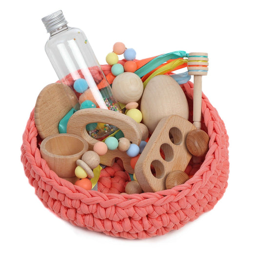 CESTO DE LOS TESOROS - CESTO SENSORIAL ·CORAL· - Happy Moments Baby