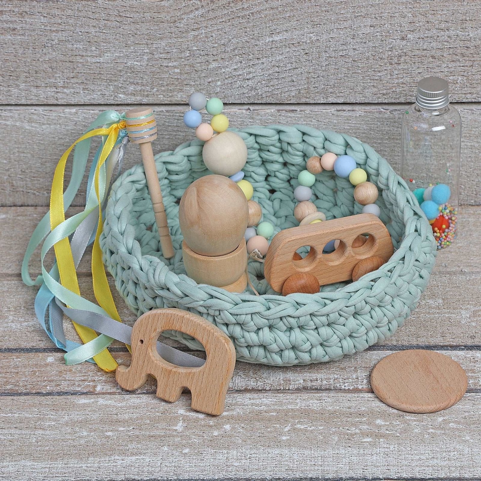 CESTO DE LOS TESOROS - CESTO SENSORIAL ·DARK MINT· - Happy Moments Baby