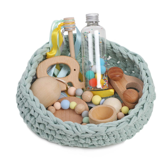 CESTO DE LOS TESOROS - CESTO SENSORIAL ·DARK MINT· - Happy Moments Baby