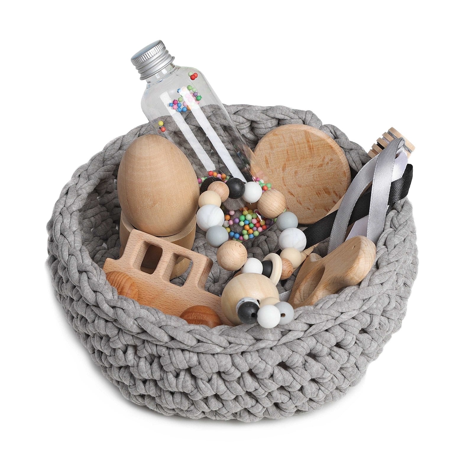 CESTO DE LOS TESOROS - CESTO SENSORIAL ·GRIS· - Happy Moments Baby