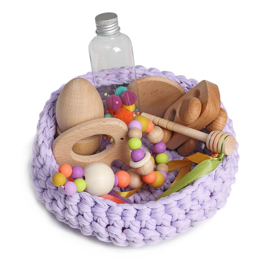 CESTO DE LOS TESOROS - CESTO SENSORIAL ·LILA· - Happy Moments Baby