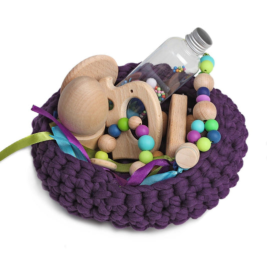 CESTO DE LOS TESOROS - CESTO SENSORIAL ·MORADO· - Happy Moments Baby