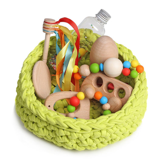 CESTO DE LOS TESOROS - CESTO SENSORIAL ·PISTACHO· - Happy Moments Baby