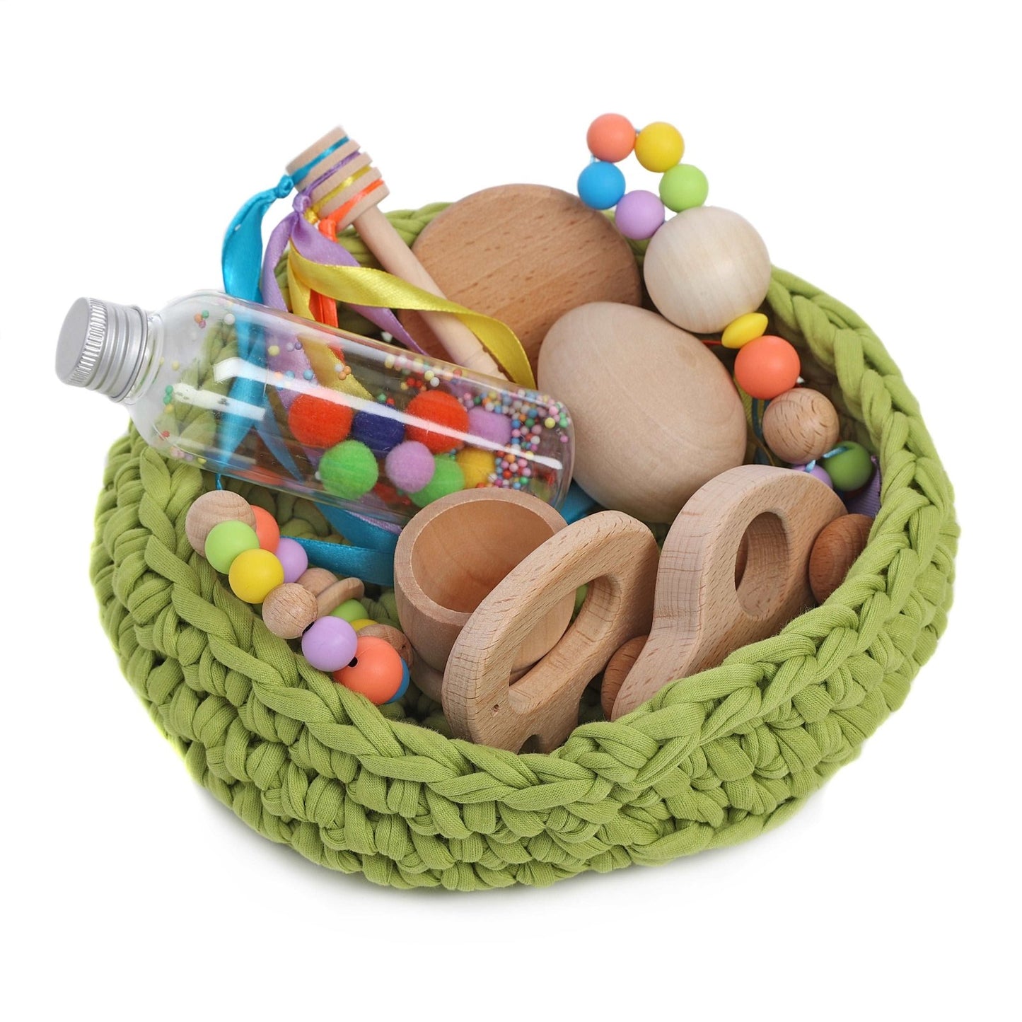 CESTO DE LOS TESOROS - CESTO SENSORIAL ·VERDE OLIVA· - Happy Moments Baby