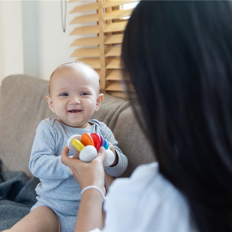 JUGUETE DE MADERA PLAN TOYS ·COCHÉ BEBÉ ARCOÍRIS· - Happy Moments Baby