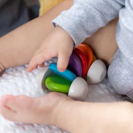 JUGUETE DE MADERA PLAN TOYS ·COCHÉ BEBÉ ARCOÍRIS· - Happy Moments Baby