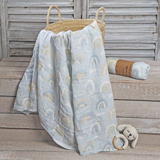MUSELINA ALGODÓN 120x110cm ·ARCOÍRIS CELESTE· - Happy Moments Baby