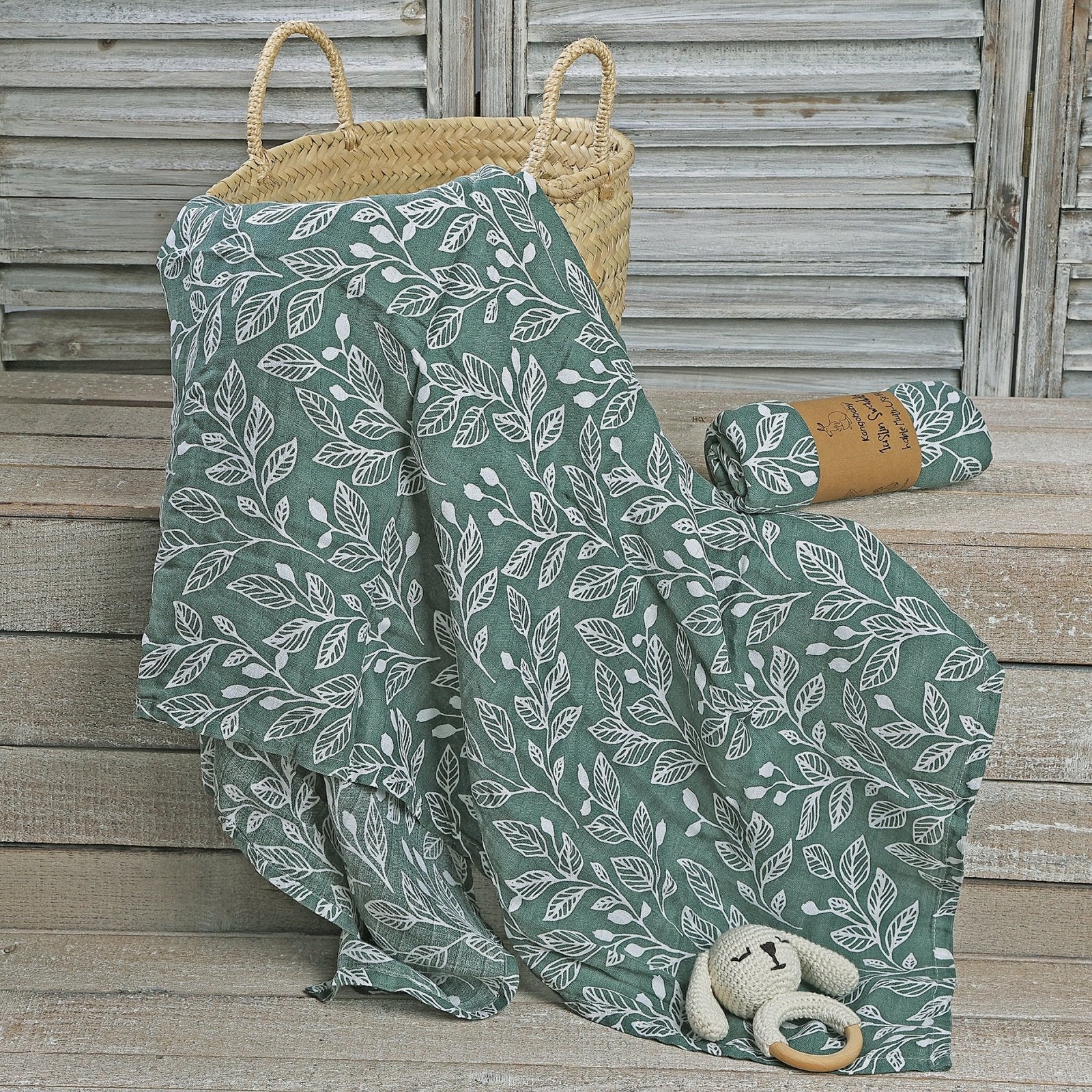 MUSELINA ALGODÓN 120x110cm ·HOJAS AQUA· - Happy Moments Baby
