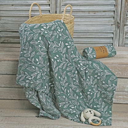 MUSELINA ALGODÓN 120x110cm ·HOJAS AQUA· - Happy Moments Baby