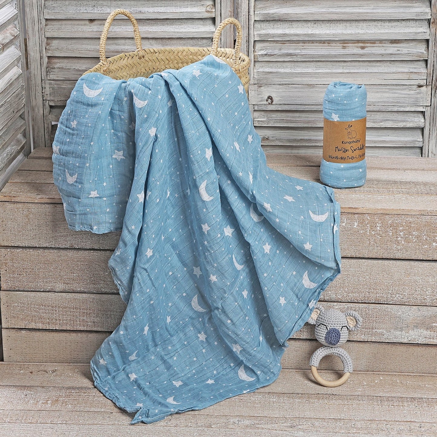 MUSELINA ALGODÓN 120x110cm ·LUNAS AZUL· - Happy Moments Baby