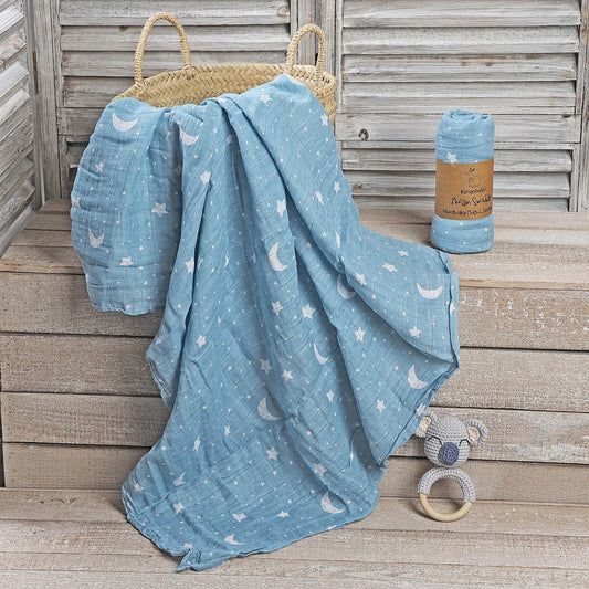 MUSELINA ALGODÓN 120x110cm ·LUNAS AZUL· - Happy Moments Baby