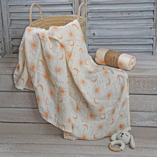 MUSELINA ALGODÓN 120x110cm ·SOLES Y LUNAS· - Happy Moments Baby