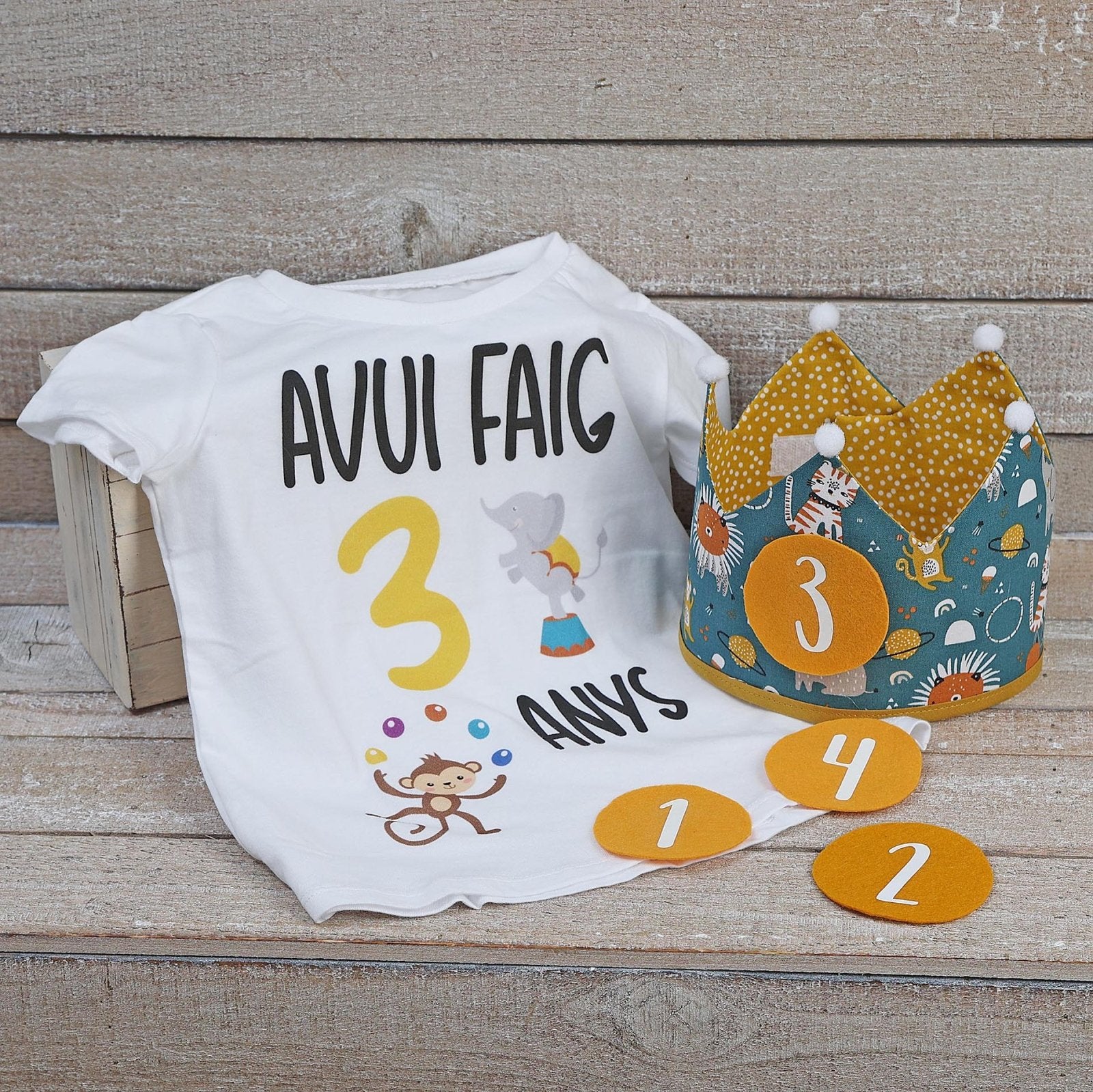 PACK CORONA + CAMISETA CUMPLEAÑOS ·ANIMALES CIRCO· - Happy Moments Baby