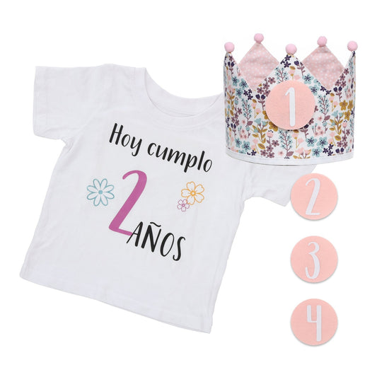 PACK CORONA + CAMISETA CUMPLEAÑOS ·FLORES· - Happy Moments Baby