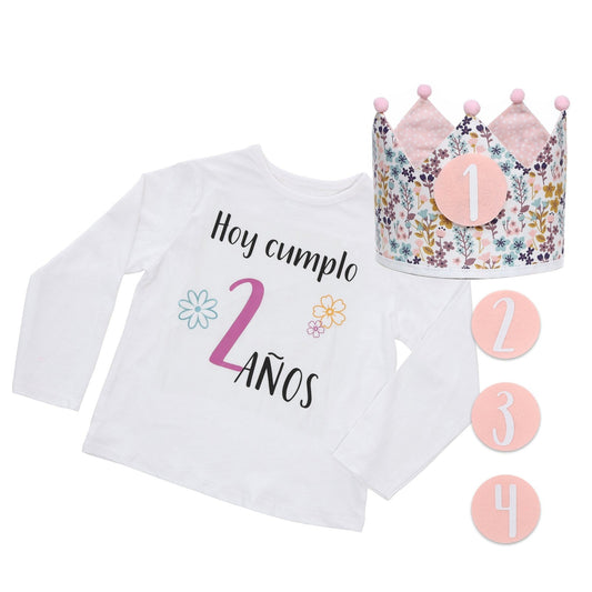 PACK CORONA + CAMISETA CUMPLEAÑOS ·FLORES· - Happy Moments Baby