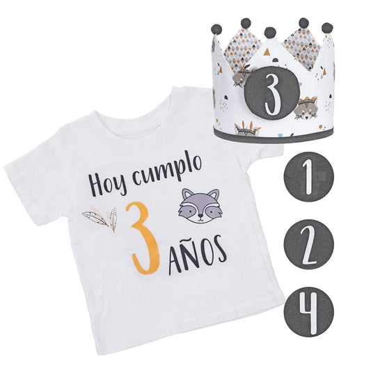 PACK CORONA + CAMISETA CUMPLEAÑOS ·MAPACHE· - Happy Moments Baby