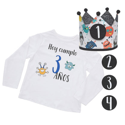 PACK CORONA + CAMISETA CUMPLEAÑOS ·MONSTERS· - Happy Moments Baby
