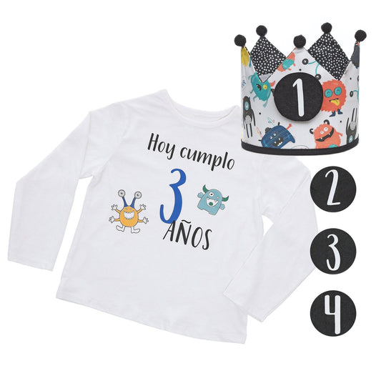 PACK CORONA + CAMISETA CUMPLEAÑOS ·MONSTERS· - Happy Moments Baby