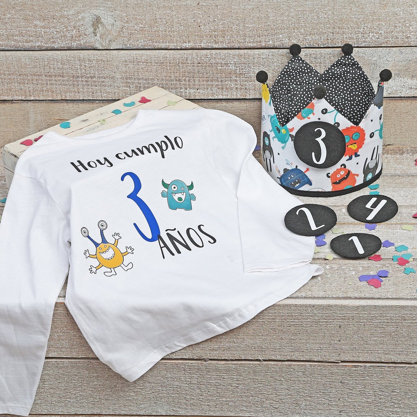 PACK CORONA + CAMISETA CUMPLEAÑOS ·MONSTERS· - Happy Moments Baby