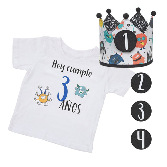 PACK CORONA + CAMISETA CUMPLEAÑOS ·MONSTERS· - Happy Moments Baby
