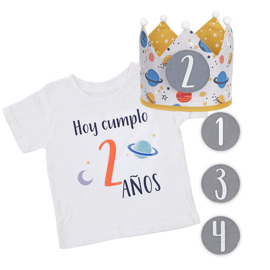 PACK CORONA + CAMISETA CUMPLEAÑOS ·PLANETAS· - Happy Moments Baby