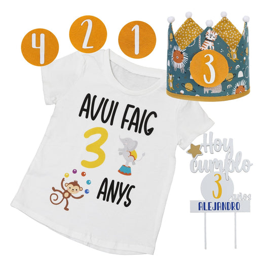 PACK CORONA + CAMISETA + TOPPER CUMPLEAÑOS ·ANIMALES CIRCO· - Happy Moments Baby