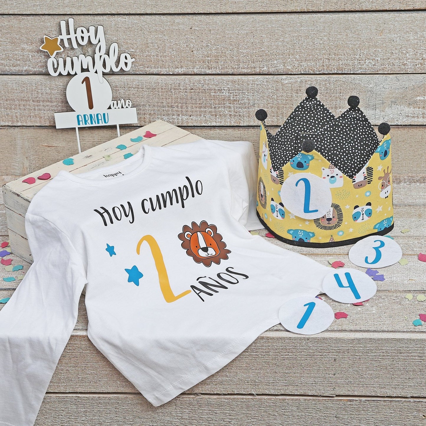 PACK CORONA + CAMISETA + TOPPER CUMPLEAÑOS ·ANIMALS· - Happy Moments Baby