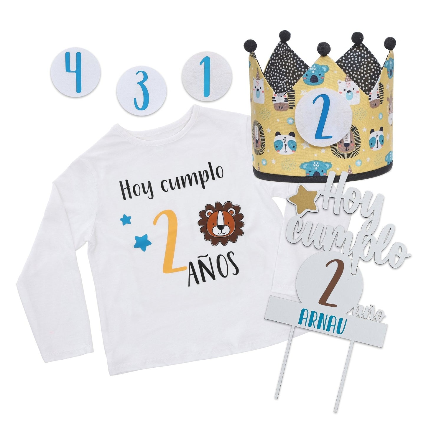 PACK CORONA + CAMISETA + TOPPER CUMPLEAÑOS ·ANIMALS· - Happy Moments Baby