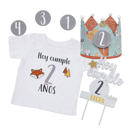 PACK CORONA + CAMISETA + TOPPER CUMPLEAÑOS ·BOSQUE· - Happy Moments Baby