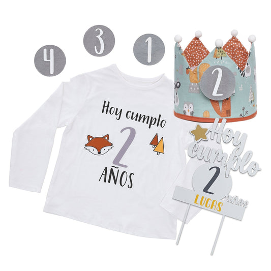 PACK CORONA + CAMISETA + TOPPER CUMPLEAÑOS ·BOSQUE· - Happy Moments Baby