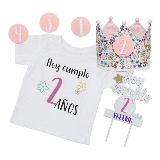 PACK CORONA + CAMISETA + TOPPER CUMPLEAÑOS ·FLORES· - Happy Moments Baby