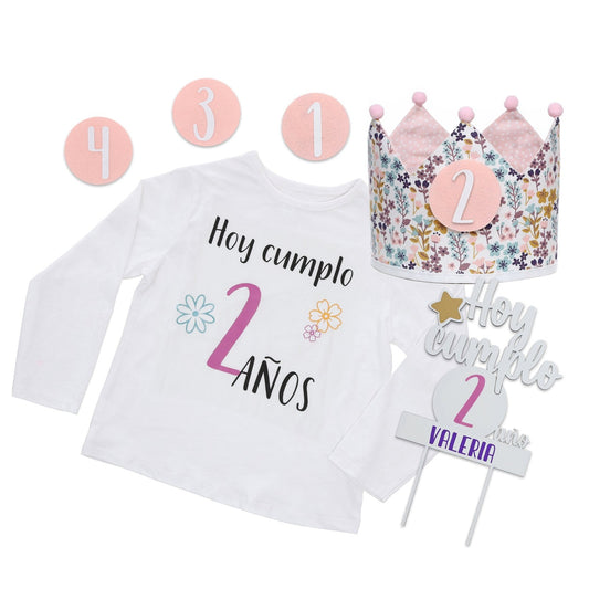 PACK CORONA + CAMISETA + TOPPER CUMPLEAÑOS ·FLORES· - Happy Moments Baby