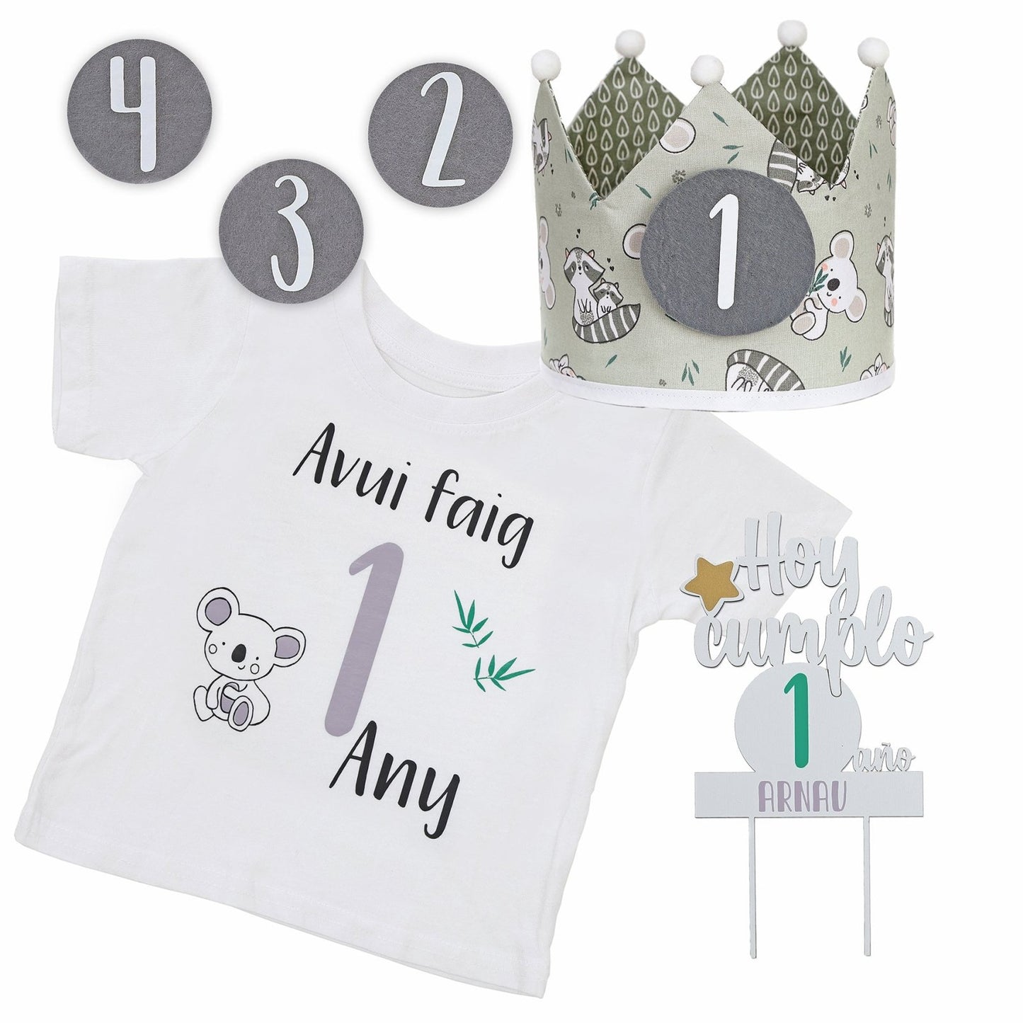 PACK CORONA + CAMISETA + TOPPER CUMPLEAÑOS ·KOALA· - Happy Moments Baby