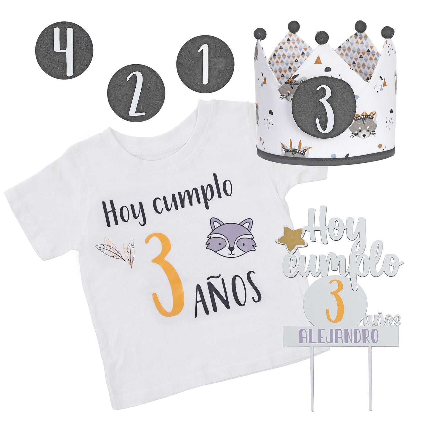 PACK CORONA + CAMISETA + TOPPER CUMPLEAÑOS ·MAPACHE· - Happy Moments Baby