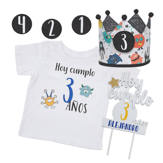 PACK CORONA + CAMISETA + TOPPER CUMPLEAÑOS ·MONSTERS· - Happy Moments Baby