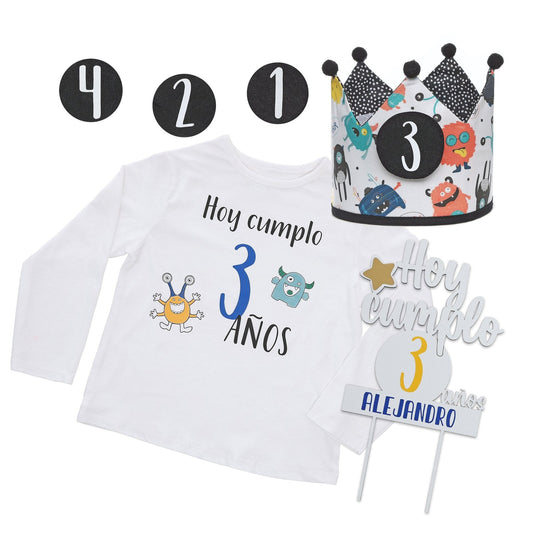 PACK CORONA + CAMISETA + TOPPER CUMPLEAÑOS ·MONSTERS· - Happy Moments Baby