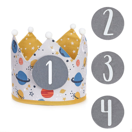 PACK CORONA + CAMISETA + TOPPER CUMPLEAÑOS ·PLANETAS· - Happy Moments Baby