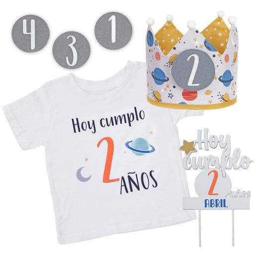 PACK CORONA + CAMISETA + TOPPER CUMPLEAÑOS ·PLANETAS· - Happy Moments Baby